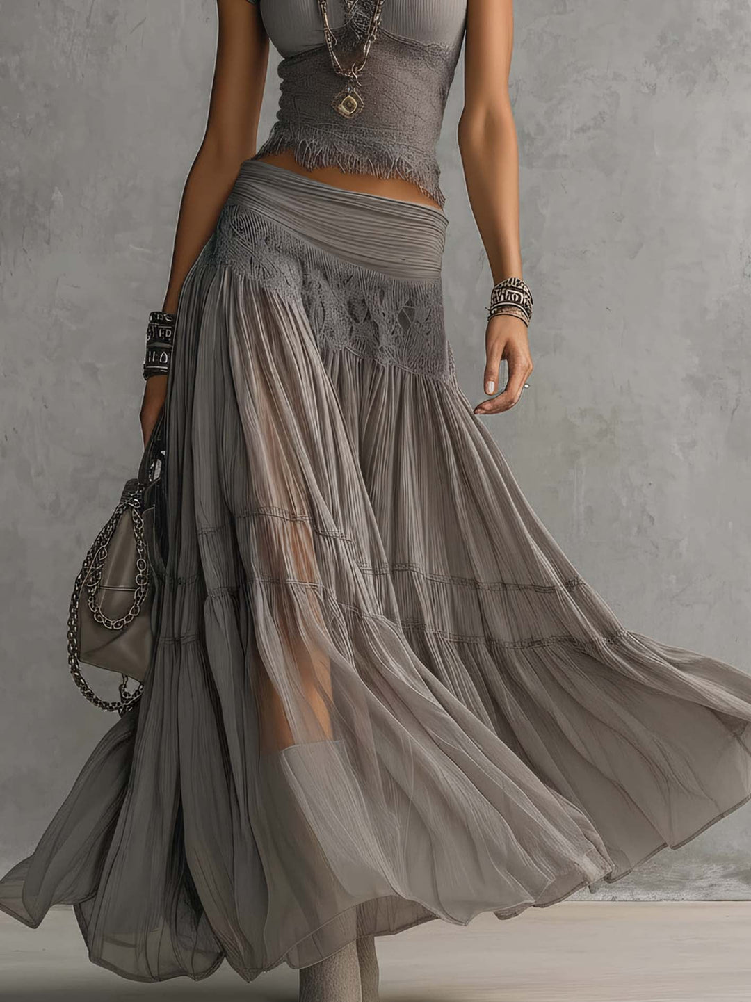 Conjunto de Top de Encaje Lisa y Falda Larga Plisada