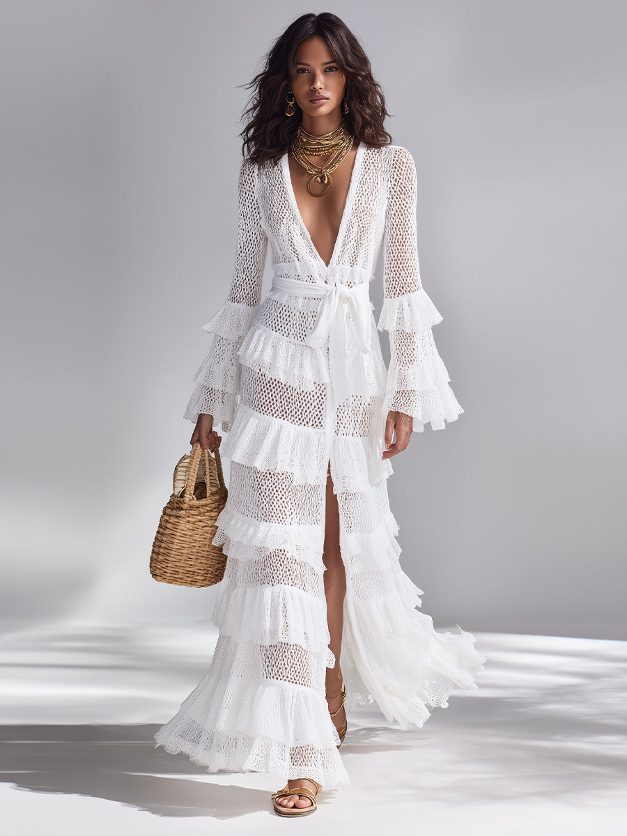 CÁRDIGAN MAXI DE CROCHET CON ESCOTE EN V Y VOLANTES EN CAPAS