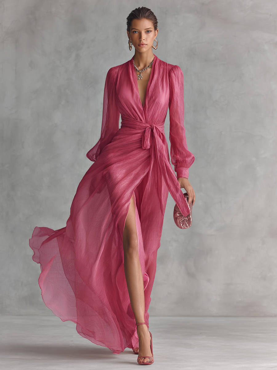 VESTIDO LARGO DE GASA ROSA EMPOLVADO CON ESCOTE EN V Y CINTURA ANUDADA