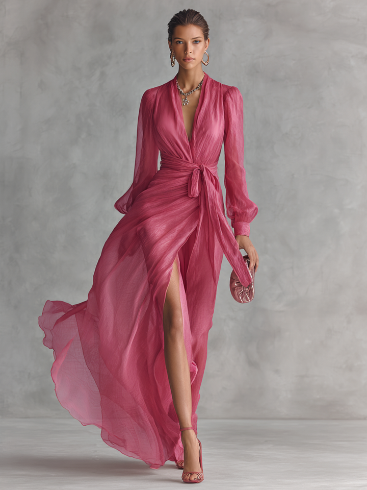 VESTIDO LARGO DE GASA ROSA EMPOLVADO CON ESCOTE EN V Y CINTURA ANUDADA