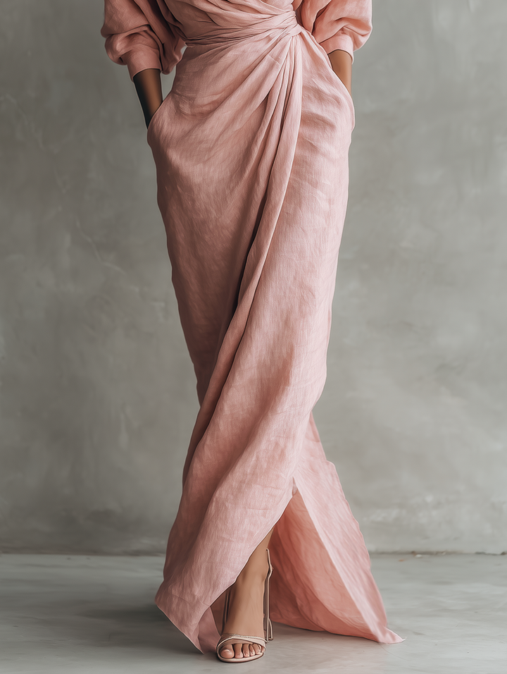 VESTIDO MAXI MINIMALISTA DE LINO CON ESCOTE EN V