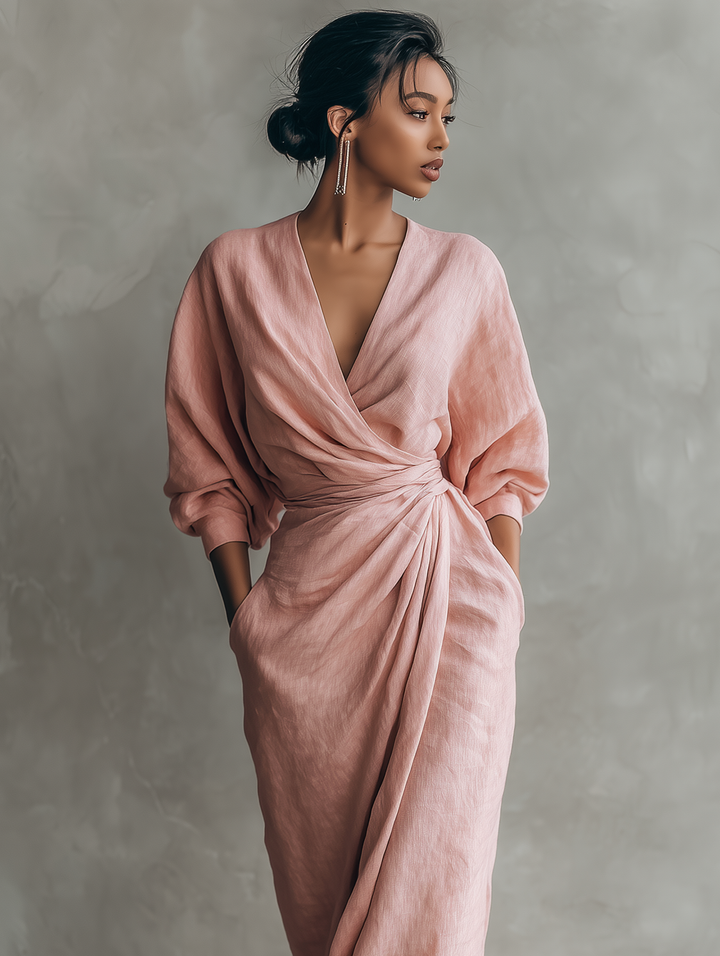VESTIDO MAXI MINIMALISTA DE LINO CON ESCOTE EN V