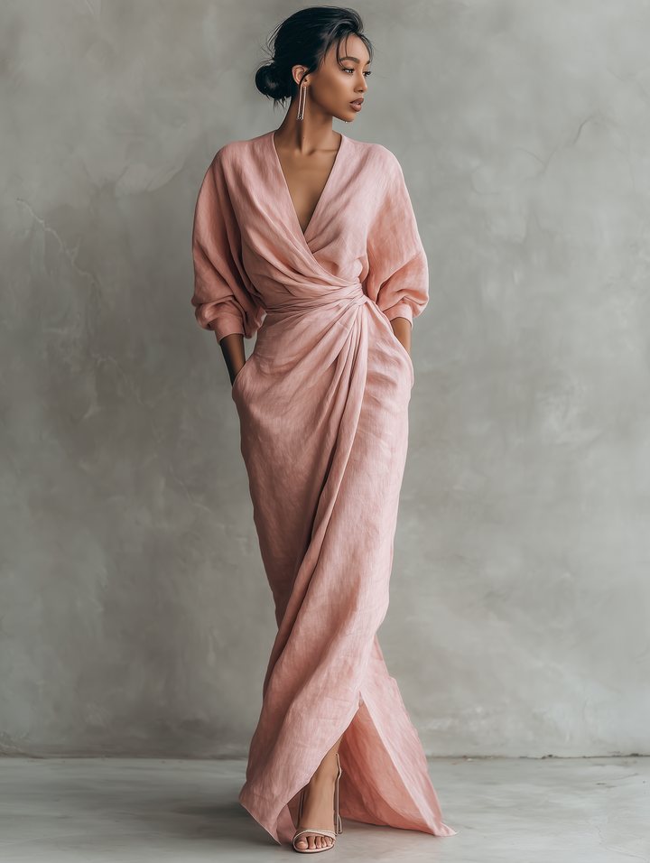 VESTIDO MAXI MINIMALISTA DE LINO CON ESCOTE EN V