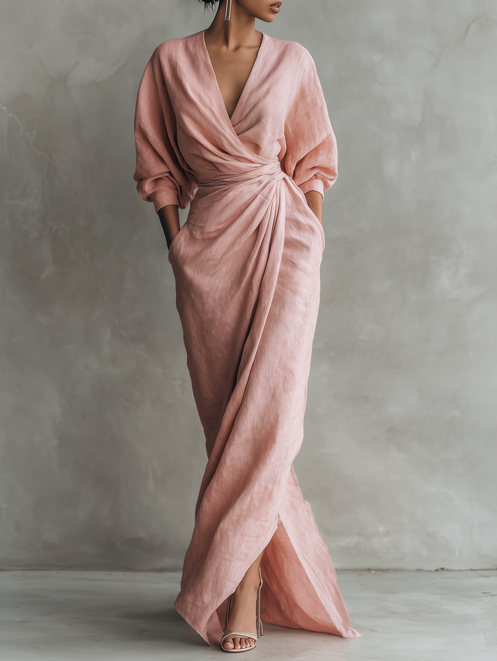 VESTIDO MAXI MINIMALISTA DE LINO CON ESCOTE EN V