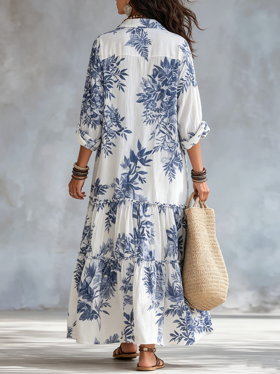 Dahlia™ | Vestido Maxi de Botones con Volantes en Floral Bohemio Azul