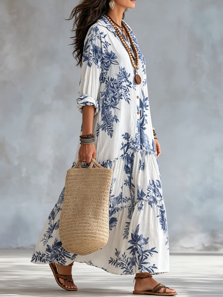 Dahlia™ | Vestido Maxi de Botones con Volantes en Floral Bohemio Azul