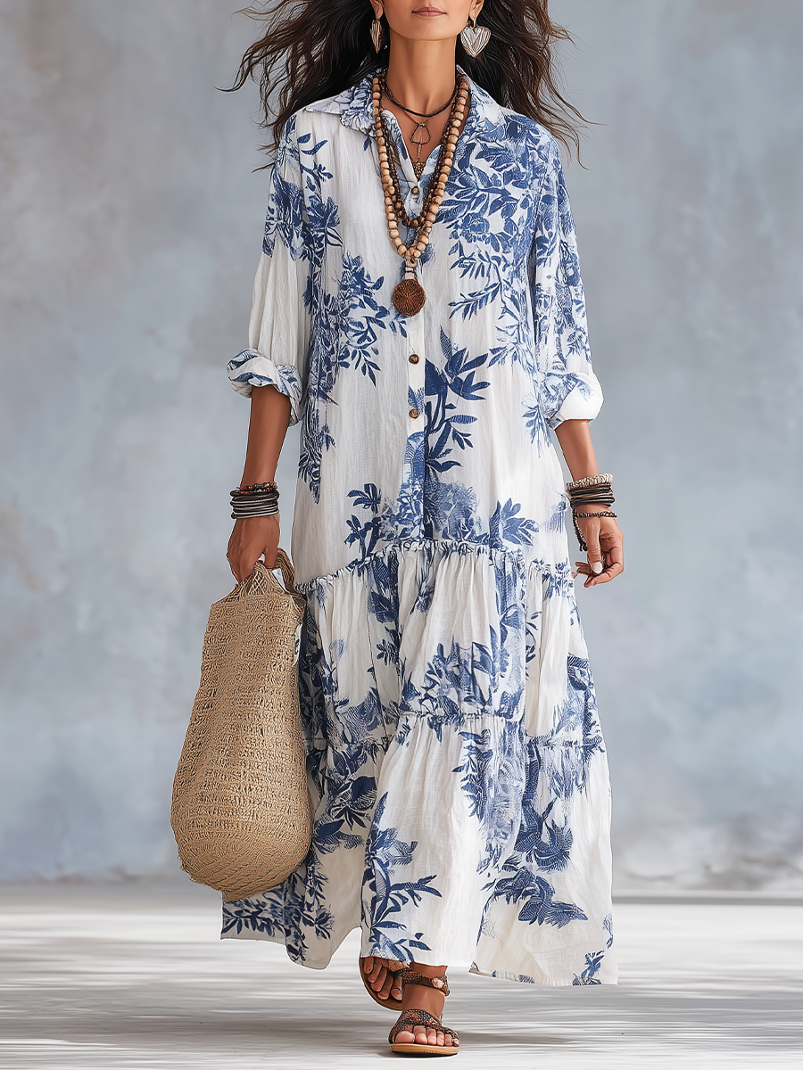 Dahlia™ | Vestido Maxi de Botones con Volantes en Floral Bohemio Azul