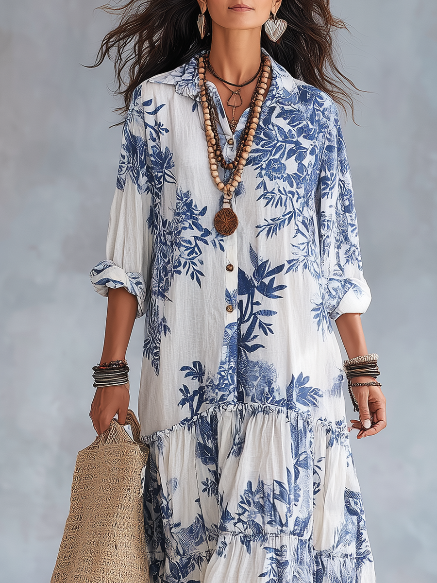 Dahlia™ | Vestido Maxi de Botones con Volantes en Floral Bohemio Azul