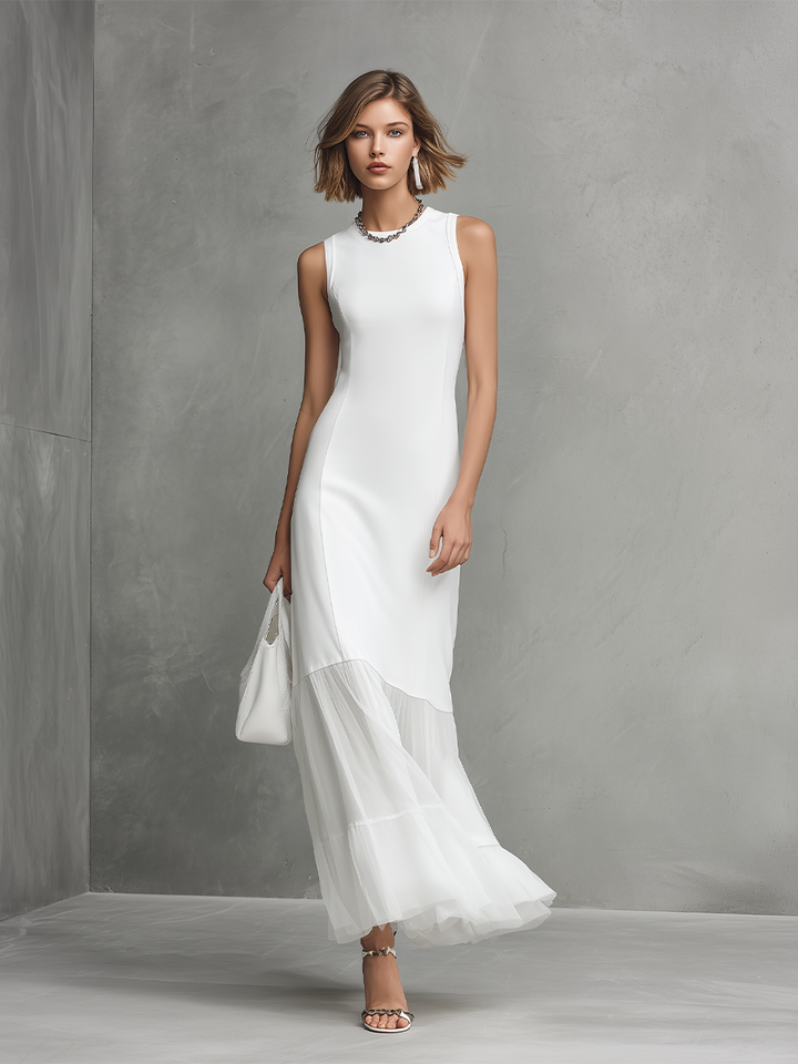 VESTIDO LARGO BLANCO SIN MANGAS CON VOLANTES Y DETALLES DE GASA