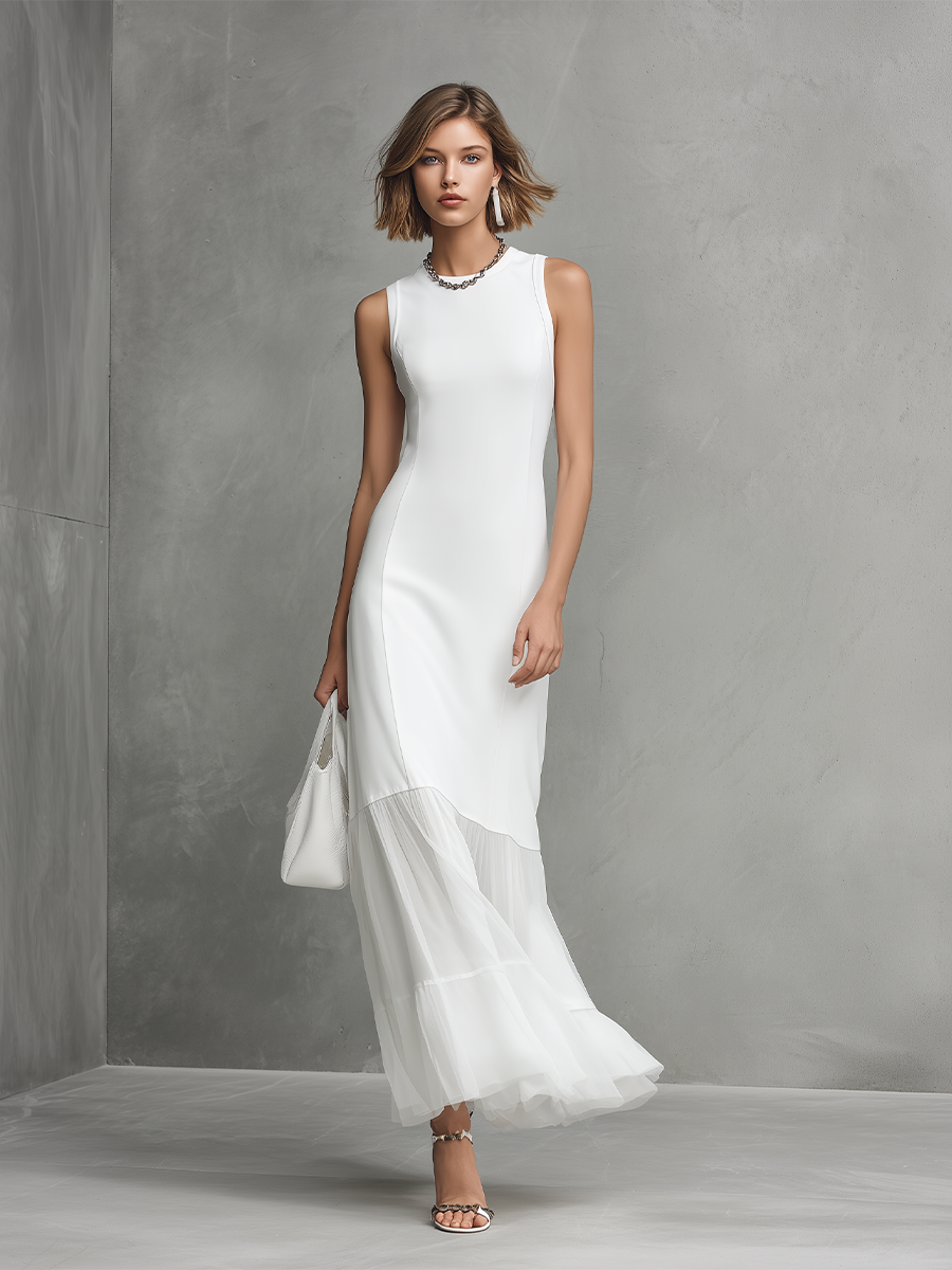 VESTIDO LARGO BLANCO SIN MANGAS CON VOLANTES Y DETALLES DE GASA