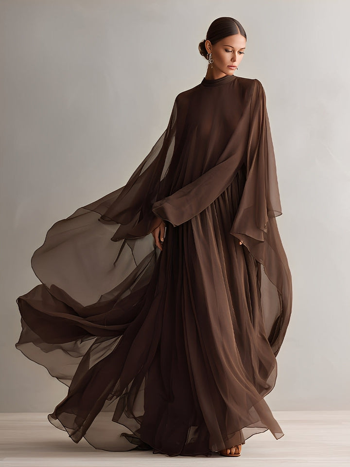 VESTIDO MAXI DE CHIFÓN CON DISEÑO TIPO CAPA Y CUELLO ALTO