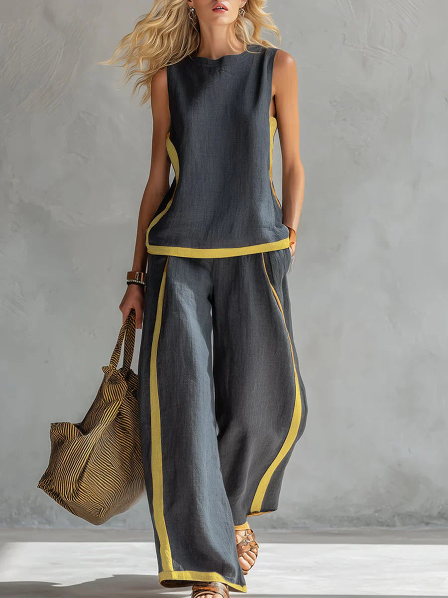 Ursula – Conjunto de chaleco y pantalón chic-descontracturado con acabados bicolores