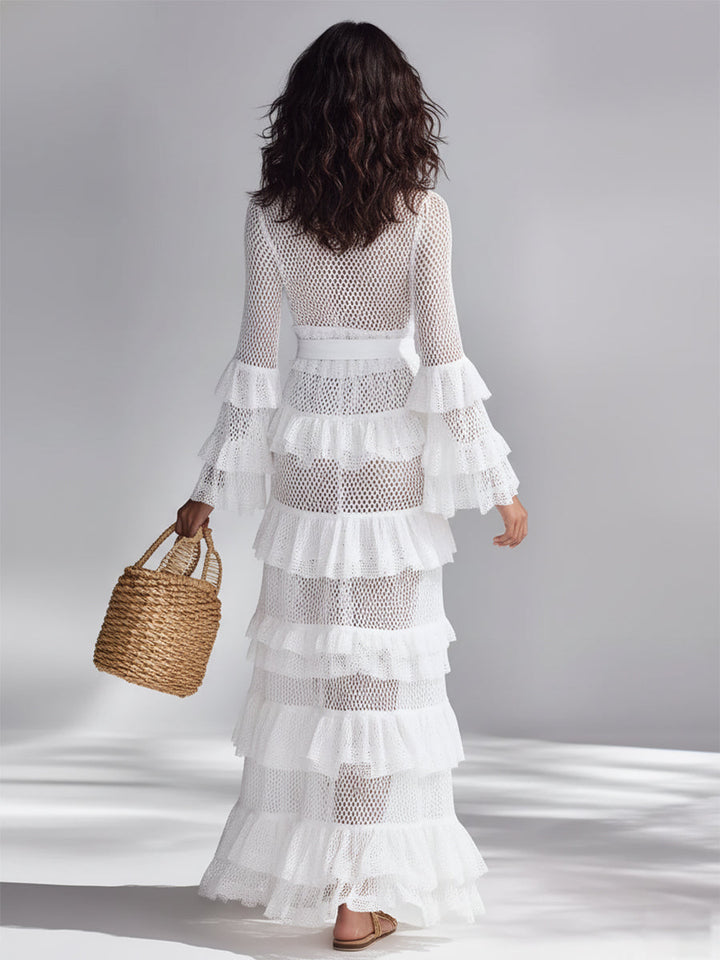 CÁRDIGAN MAXI DE CROCHET CON ESCOTE EN V Y VOLANTES EN CAPAS