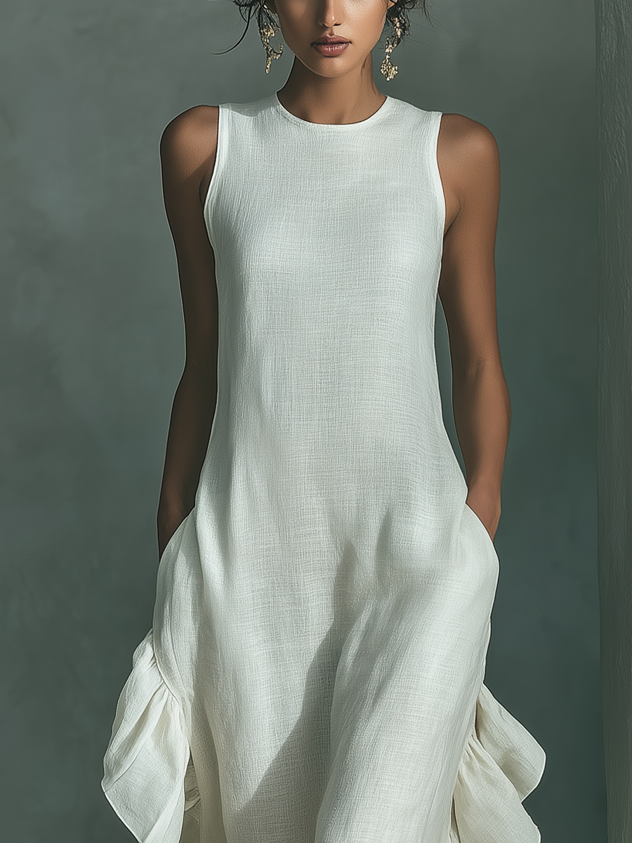 VESTIDO MAXI SIN MANGAS DE LINO Y BAJO CON VOLANTE