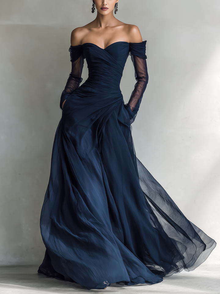 VESTIDO MAXI AJUSTADO DE GASA ORGANZA CON HOMBROS DESCUBIERTOS Y MANGA LARGA