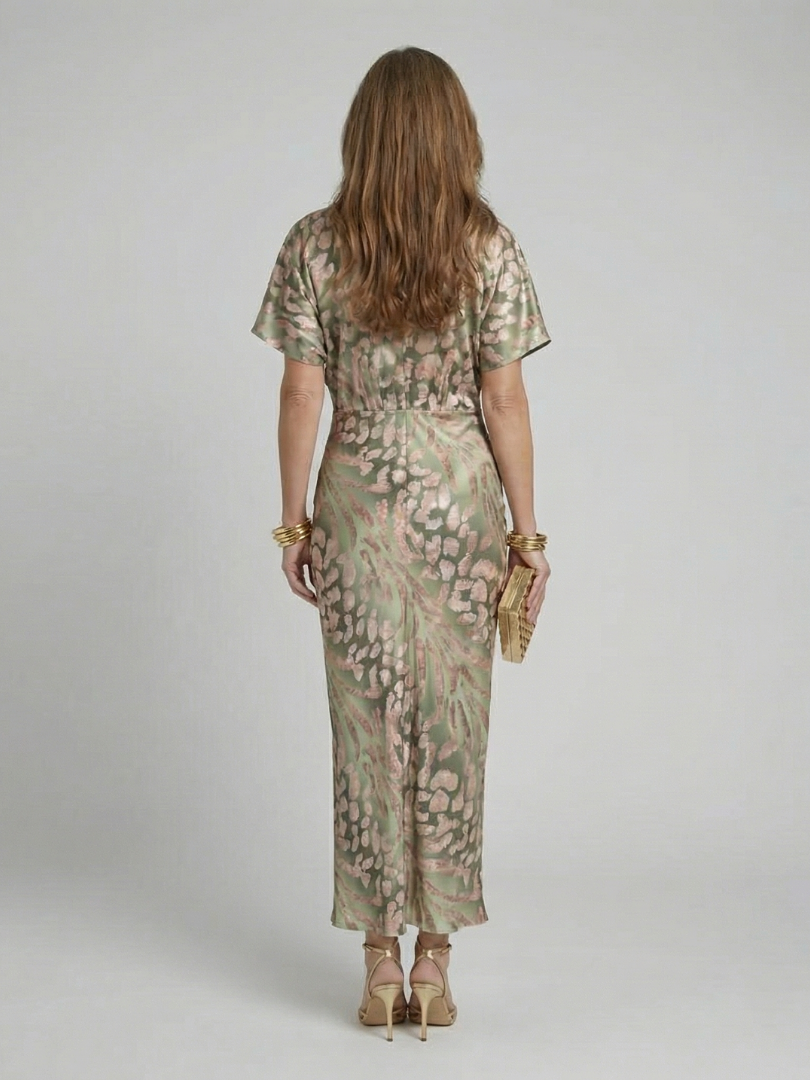 Ellis & Johnson™  | Vestido Midi con Escote en V y Cintura Torcida de Estampado Abstracto