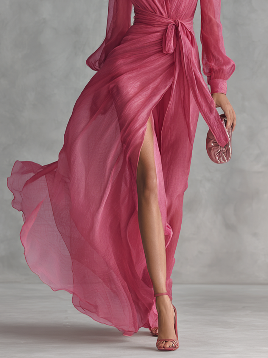 VESTIDO LARGO DE GASA ROSA EMPOLVADO CON ESCOTE EN V Y CINTURA ANUDADA