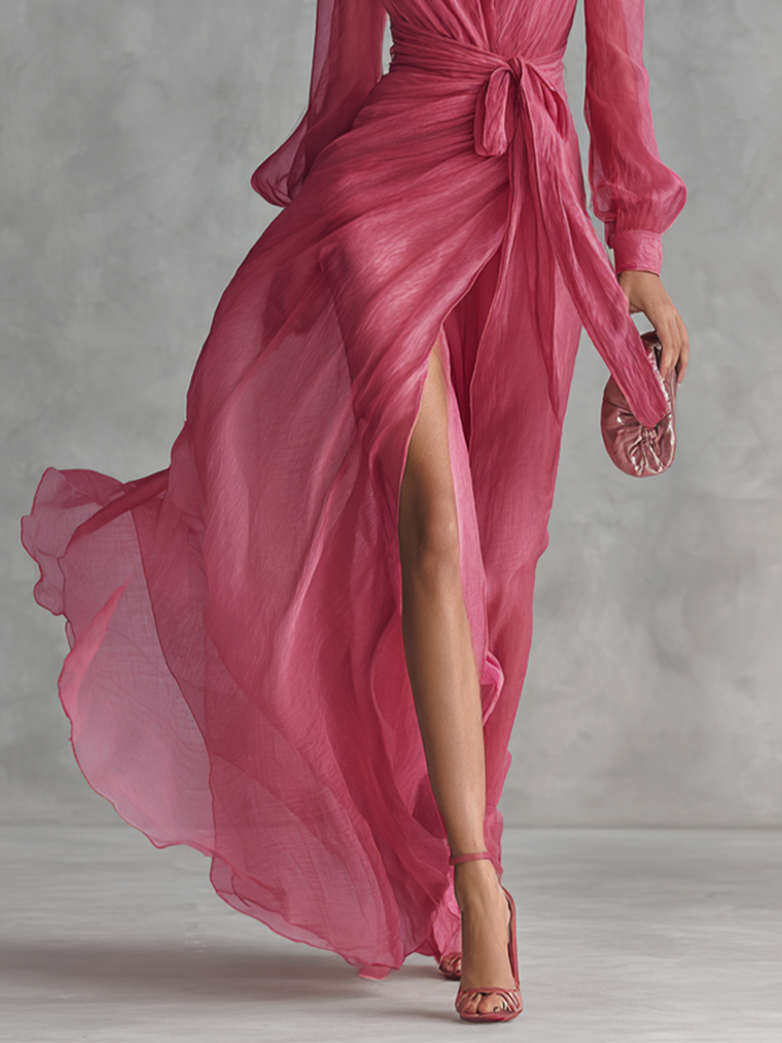 VESTIDO LARGO DE GASA ROSA EMPOLVADO CON ESCOTE EN V Y CINTURA ANUDADA