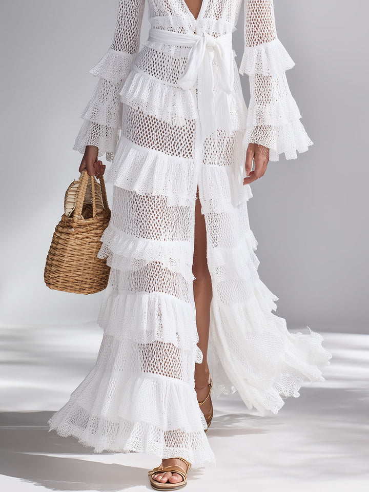 CÁRDIGAN MAXI DE CROCHET CON ESCOTE EN V Y VOLANTES EN CAPAS
