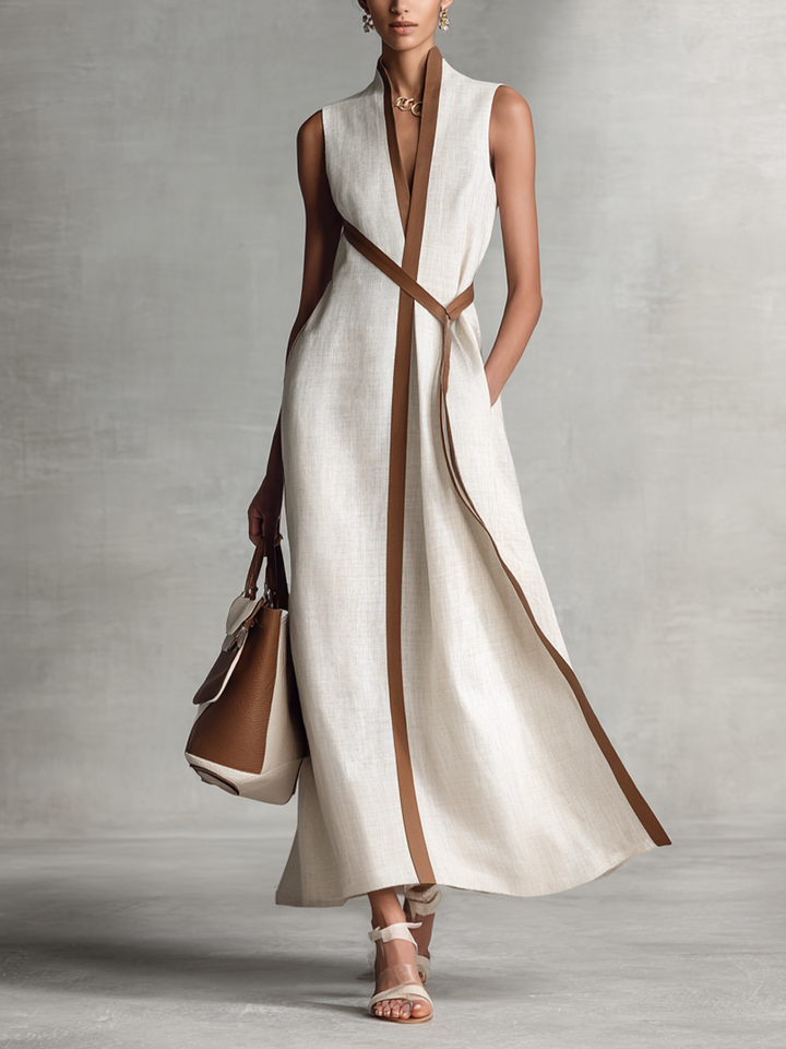 VESTIDO MAXI SIN MANGAS DE ALGODÓN Y LINO CON ESCOTE EN V Y CINTURÓN