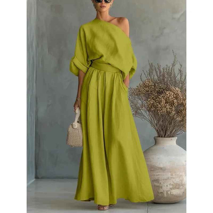 Lisa | Top suave con hombros descubiertos y pantalones tapered