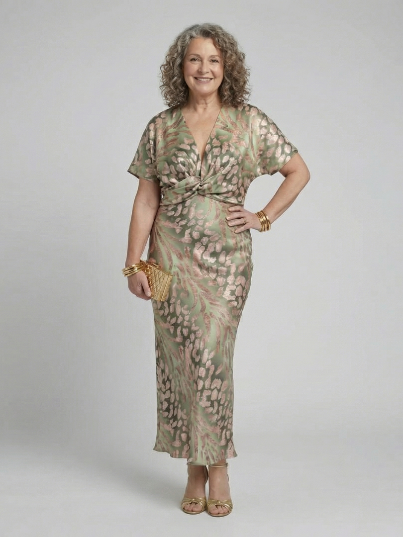 Ellis & Johnson™  | Vestido Midi con Escote en V y Cintura Torcida de Estampado Abstracto