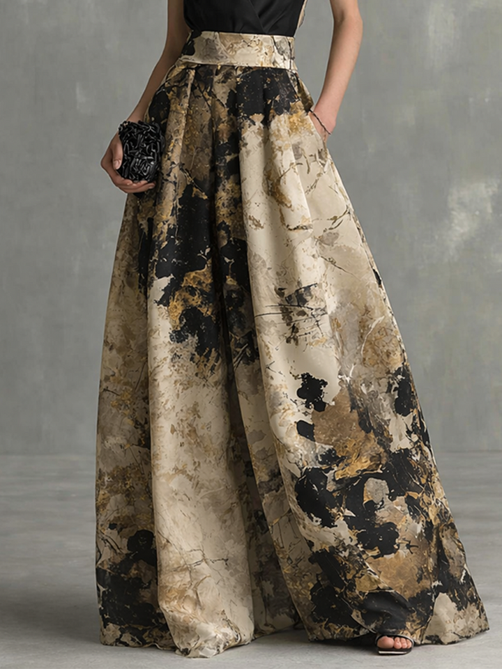 VESTIDO LARGO ELEGANTE CON ESTAMPADO ABSTRACTO, ESCOTE EN V Y TIRANTES