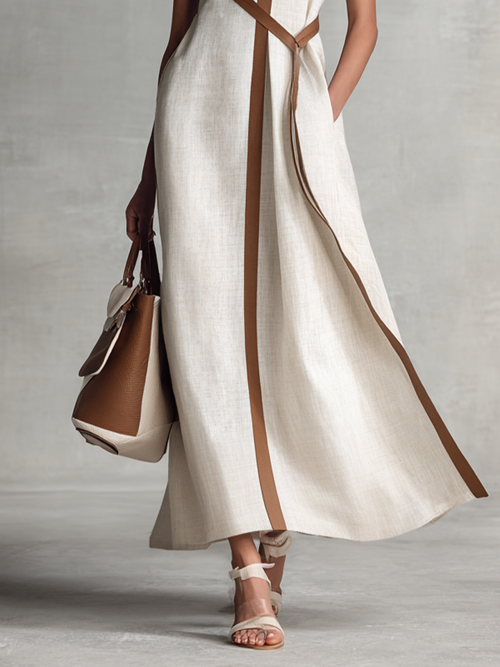 VESTIDO MAXI SIN MANGAS DE ALGODÓN Y LINO CON ESCOTE EN V Y CINTURÓN