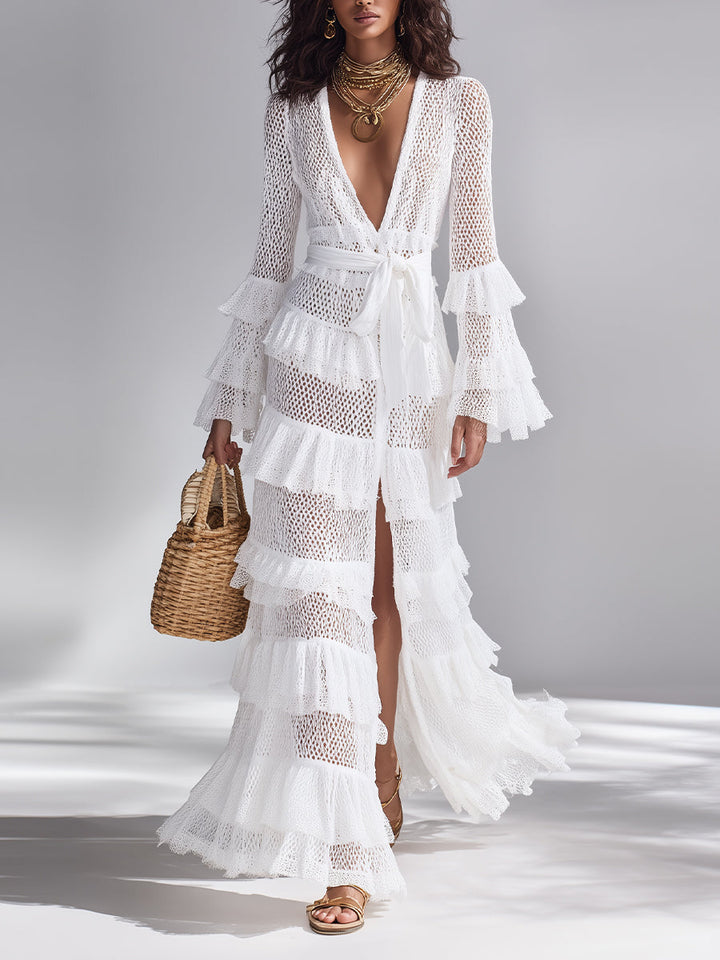 CÁRDIGAN MAXI DE CROCHET CON ESCOTE EN V Y VOLANTES EN CAPAS
