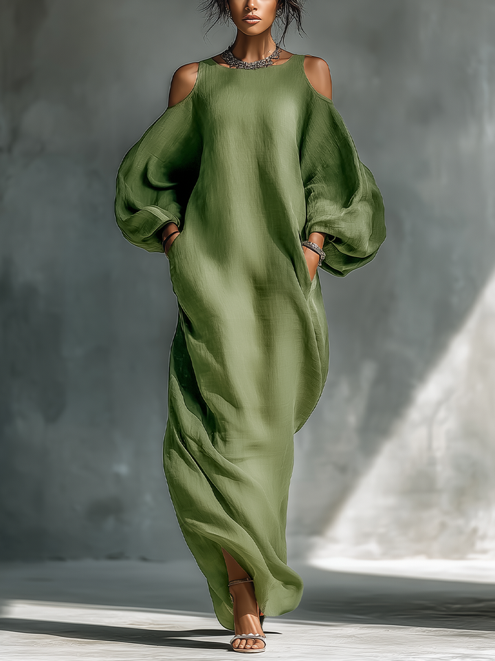 VESTIDO MAXI CON HOMBROS DESCUBIERTOS, MANGAS ABULLONADAS Y BOLSILLOS