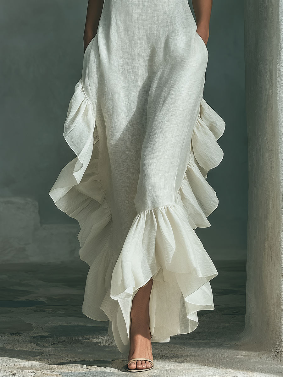VESTIDO MAXI SIN MANGAS DE LINO Y BAJO CON VOLANTE
