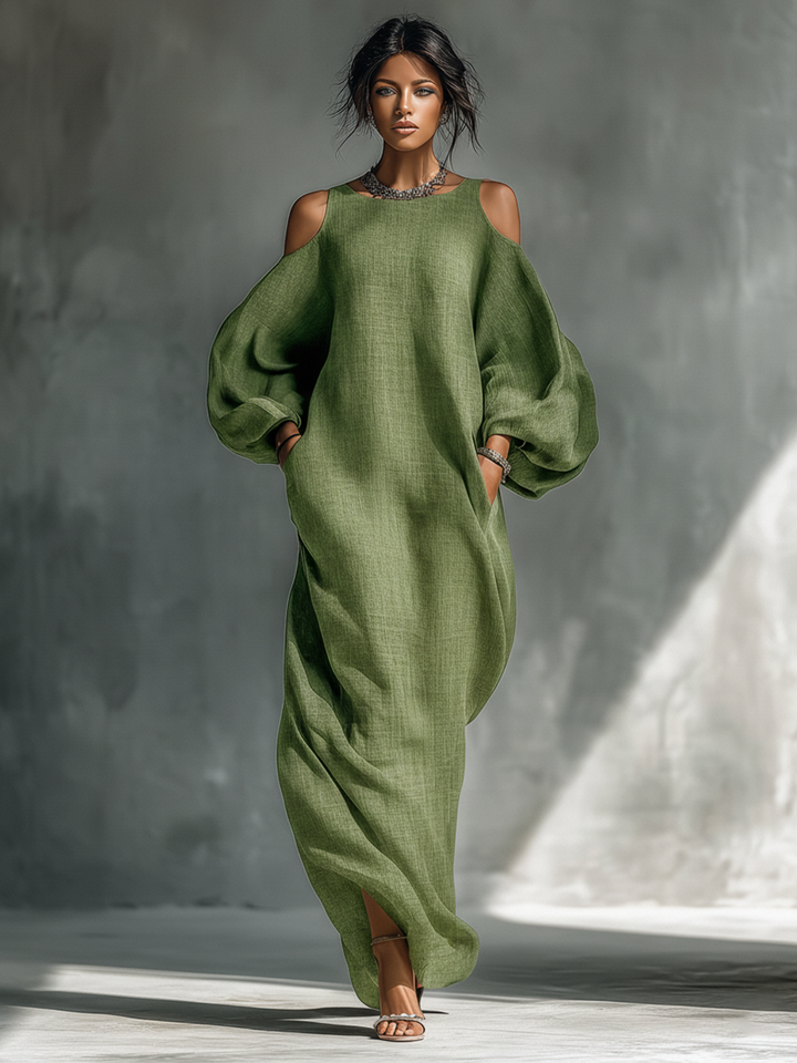 VESTIDO MAXI CON HOMBROS DESCUBIERTOS, MANGAS ABULLONADAS Y BOLSILLOS