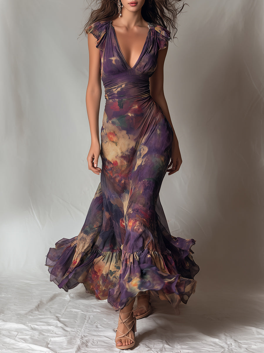 Vestido Maxi Sirena Floral Vintage Morado con Volantes y Manga Corta
