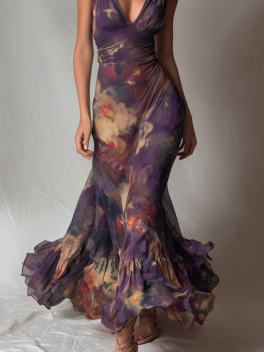 Vestido Maxi Sirena Floral Vintage Morado con Volantes y Manga Corta