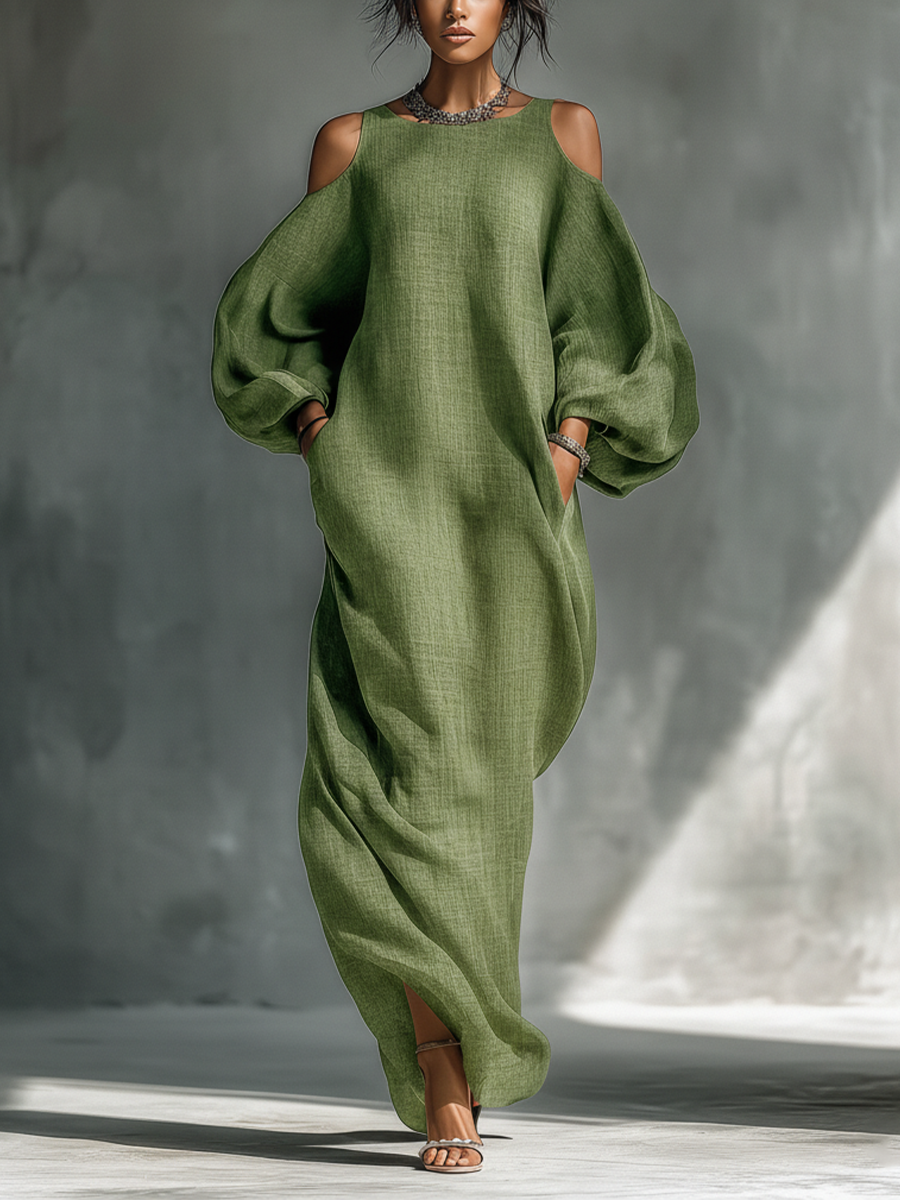 VESTIDO MAXI CON HOMBROS DESCUBIERTOS, MANGAS ABULLONADAS Y BOLSILLOS