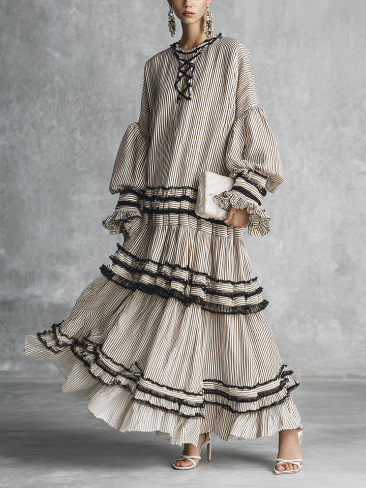VESTIDO LARGO BOHEMIO DE VOLANTES Y RAYAS