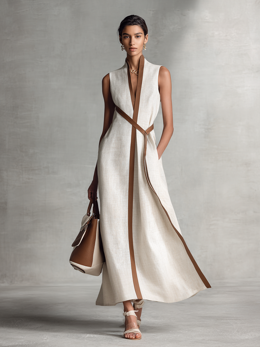 VESTIDO MAXI SIN MANGAS DE ALGODÓN Y LINO CON ESCOTE EN V Y CINTURÓN