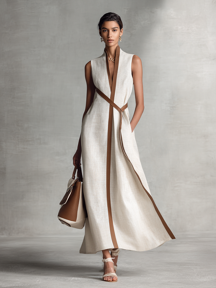 VESTIDO MAXI SIN MANGAS DE ALGODÓN Y LINO CON ESCOTE EN V Y CINTURÓN