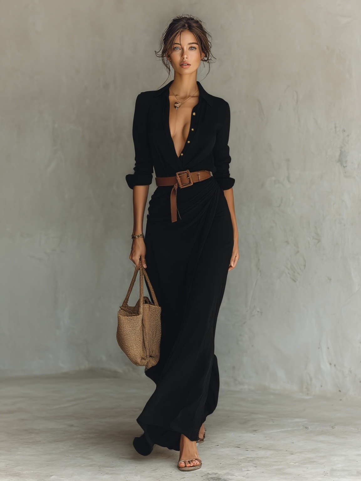 VESTIDO MAXI CON CUELLO SOLAPA, MANGA LARGA Y CINTURÓN