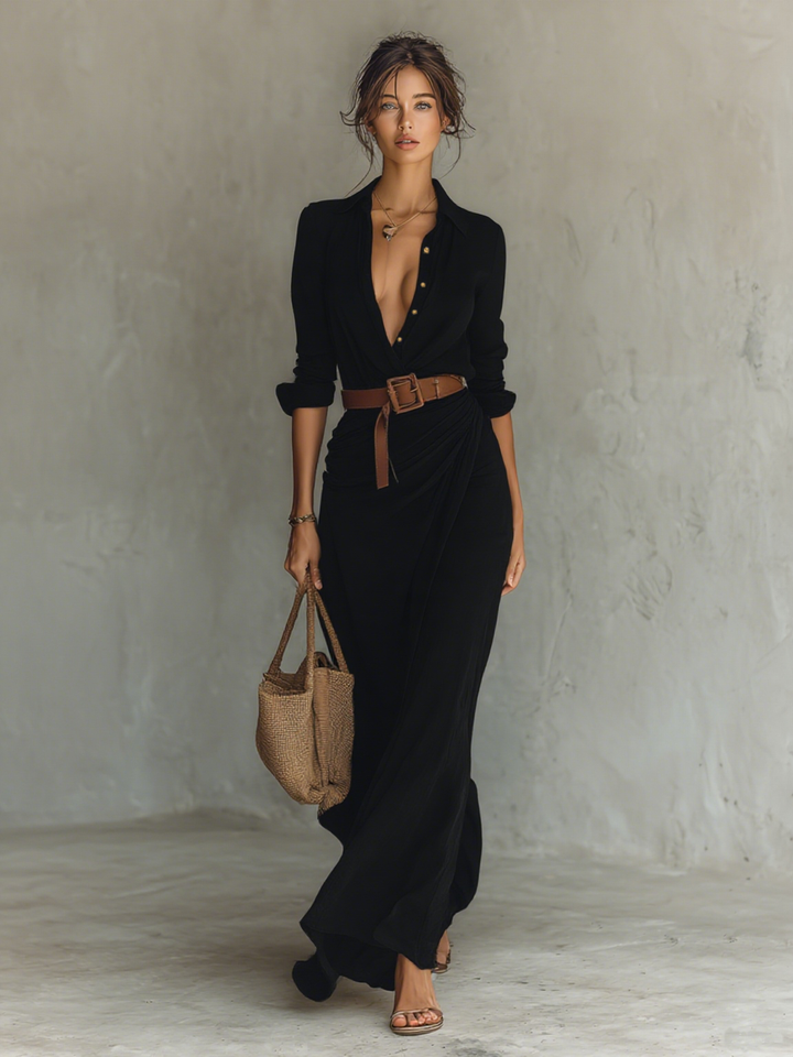 VESTIDO MAXI CON CUELLO SOLAPA, MANGA LARGA Y CINTURÓN