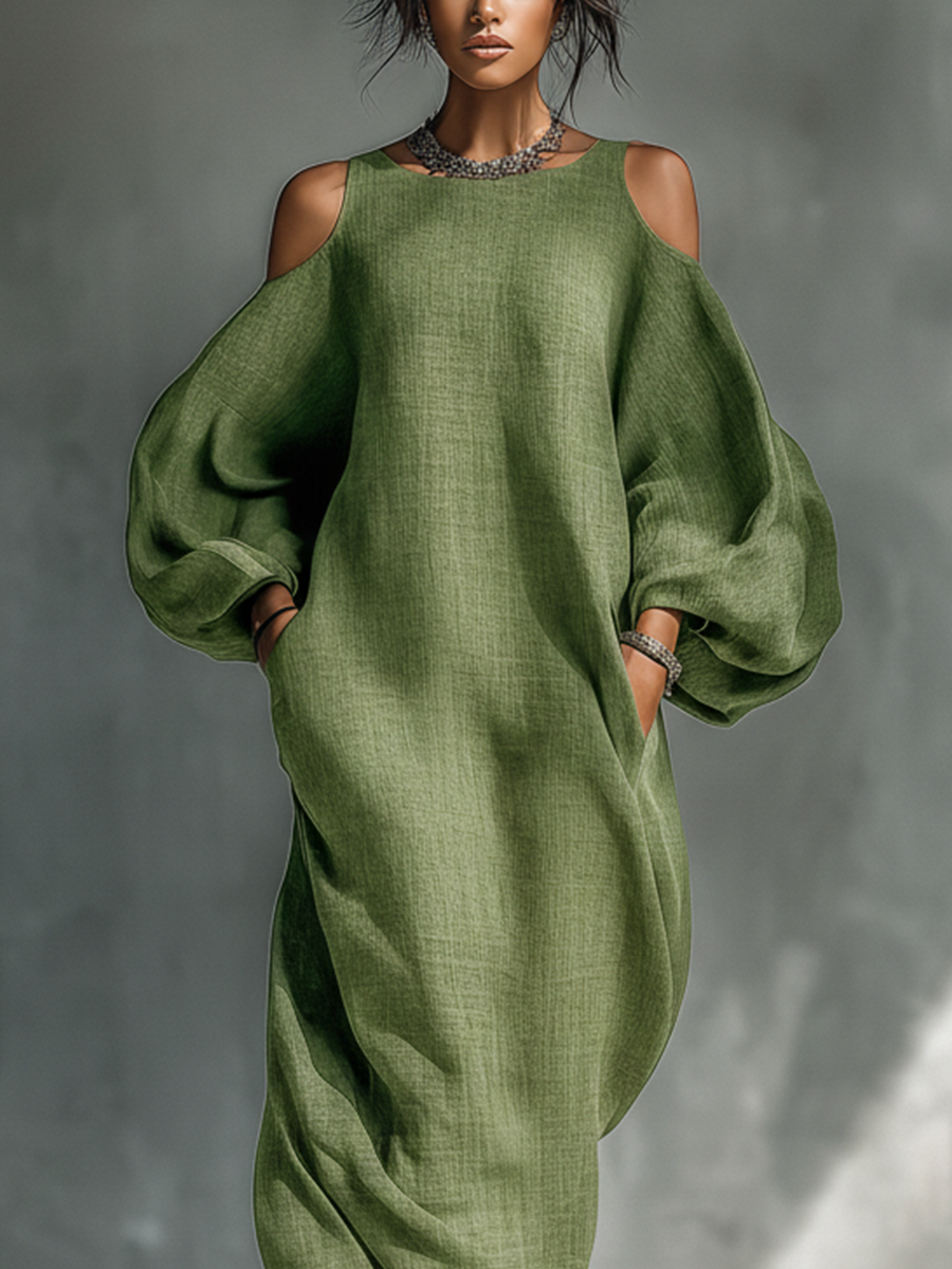 VESTIDO MAXI CON HOMBROS DESCUBIERTOS, MANGAS ABULLONADAS Y BOLSILLOS