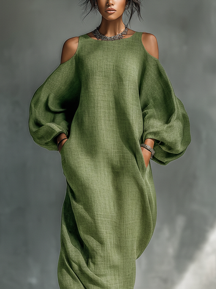 VESTIDO MAXI CON HOMBROS DESCUBIERTOS, MANGAS ABULLONADAS Y BOLSILLOS