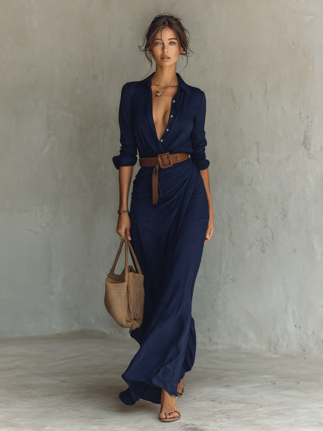 VESTIDO MAXI CON CUELLO SOLAPA, MANGA LARGA Y CINTURÓN
