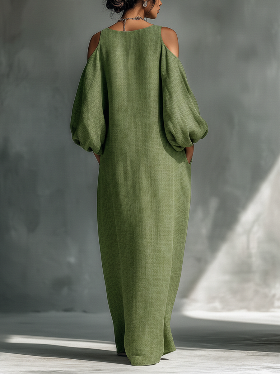 VESTIDO MAXI CON HOMBROS DESCUBIERTOS, MANGAS ABULLONADAS Y BOLSILLOS