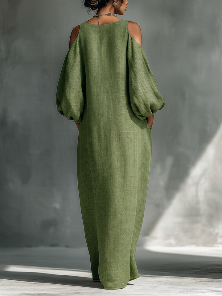 VESTIDO MAXI CON HOMBROS DESCUBIERTOS, MANGAS ABULLONADAS Y BOLSILLOS