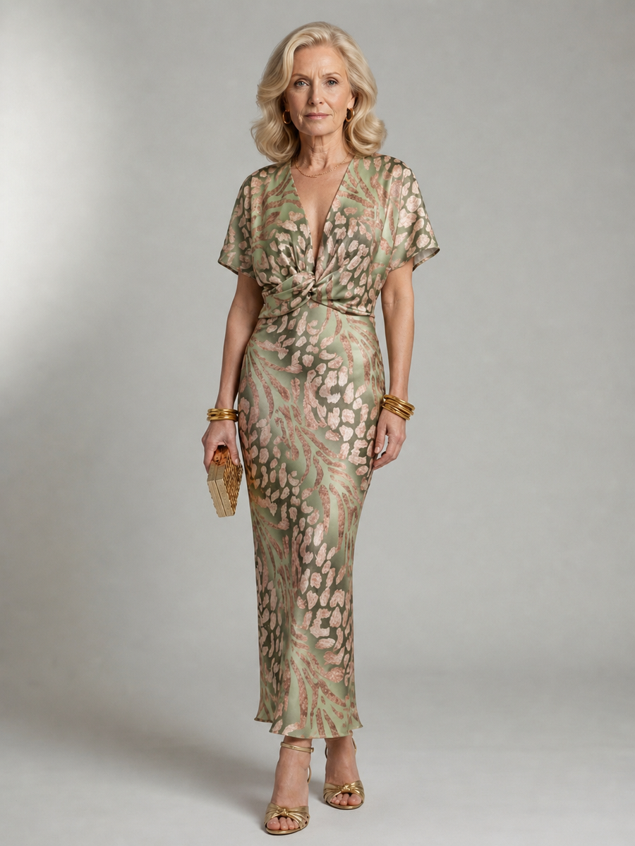 Ellis & Johnson™  | Vestido Midi con Escote en V y Cintura Torcida de Estampado Abstracto