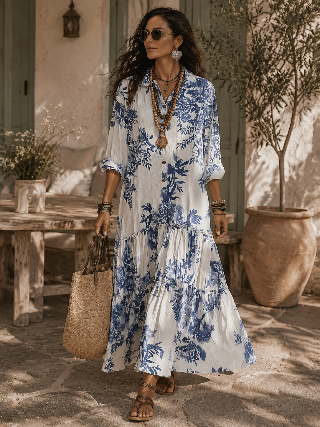 Dahlia™ | Vestido Maxi de Botones con Volantes en Floral Bohemio Azul