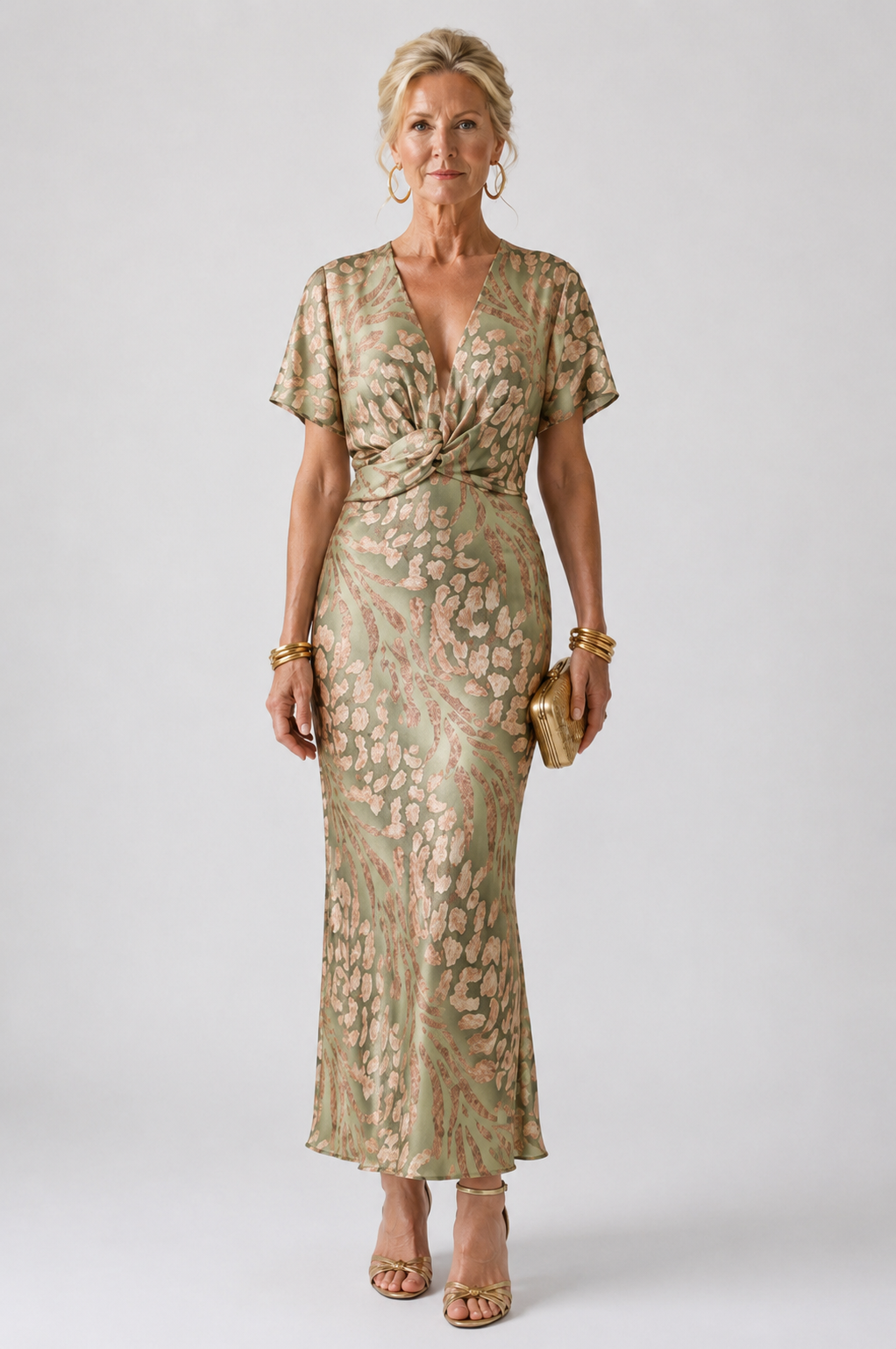 Ellis & Johnson™  | Vestido Midi con Escote en V y Cintura Torcida de Estampado Abstracto
