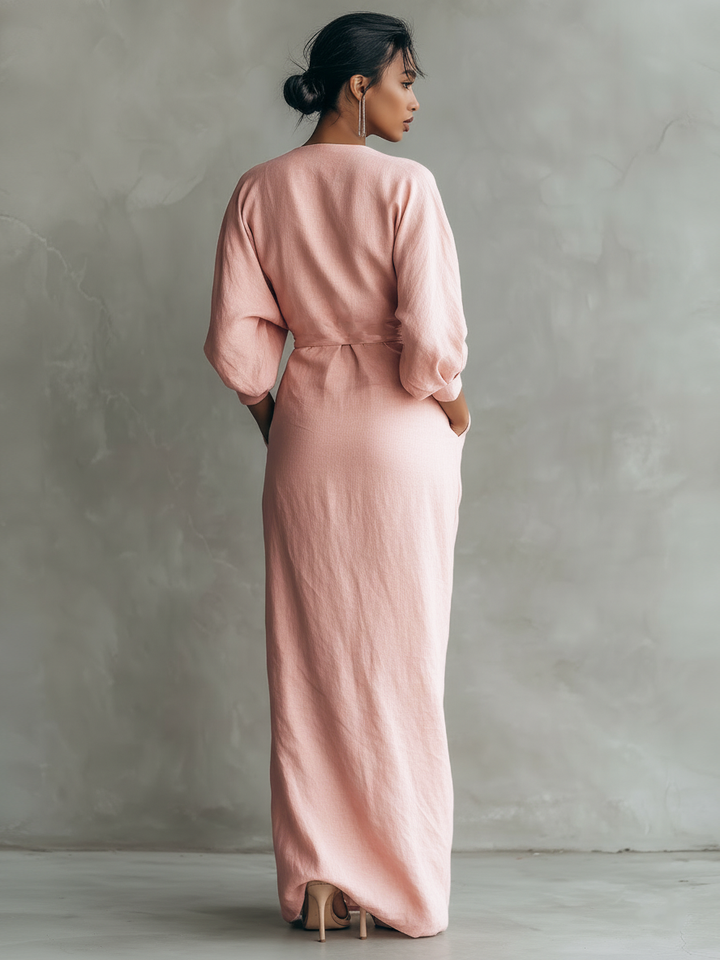 VESTIDO MAXI MINIMALISTA DE LINO CON ESCOTE EN V