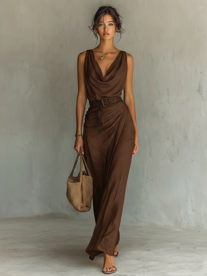 VESTIDO MAXI SIN MANGAS CON ESCOTE DRAPEADO Y CINTURÓN